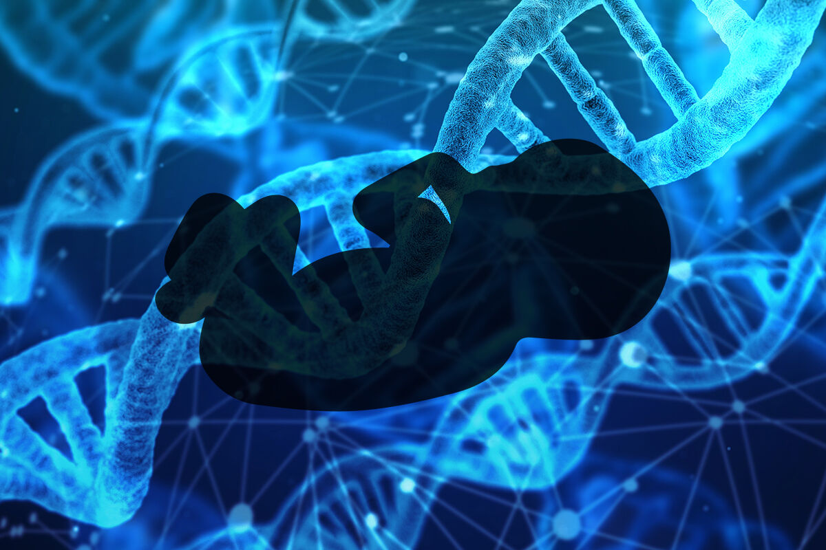 Figur med silhuett av eit foster mot ein bakgrunn med eit DNA-molekyl
