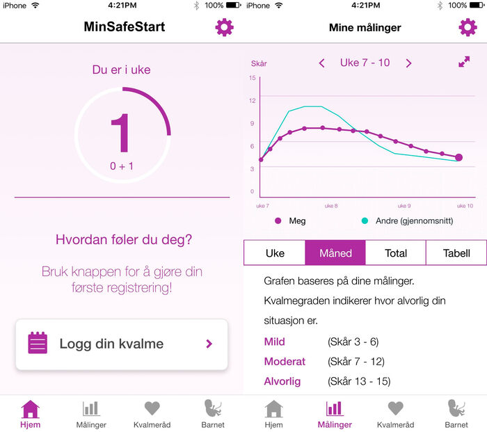 Skjermdumpar frå MinSafeStart, ein app som skal hjelpa gravide med svangerskapskvalme.