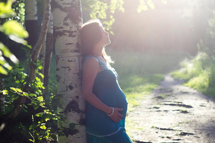 Gravid kvinne i sollys lener seg mot eit tre i skogen