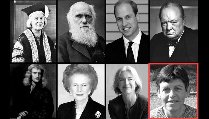Hodgkin, Darwin, Prins William, Churchill, Newton, Thatcher, Doudna og Eisenstein.