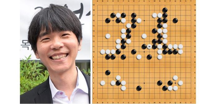 Lee Sedol + skjermbilde av spillet mot AlphaGo.
