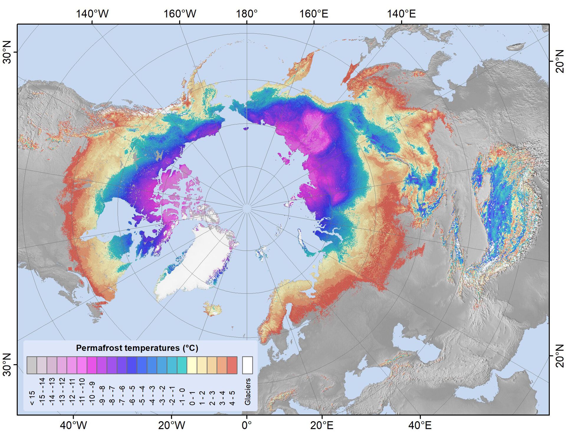 Figur permafrost fordeling og temperatur på nordlige halvkule