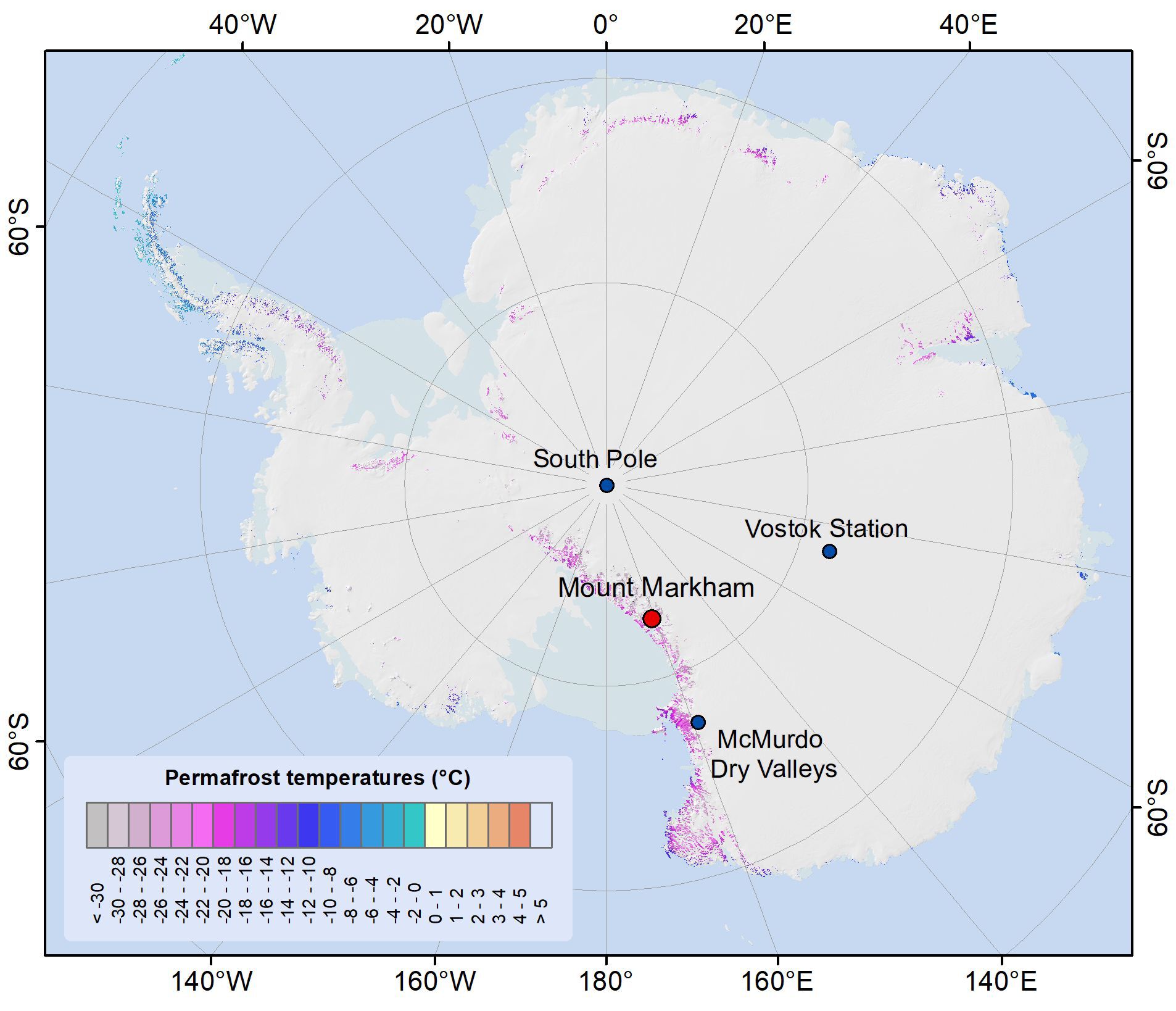 Fordeling av permafrost og bakketemperaturer i Antarktis. 