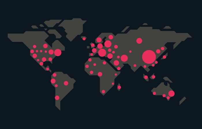 Grafikk over verdens land med r?de prikker som illustrerer sykdomsutbrudd