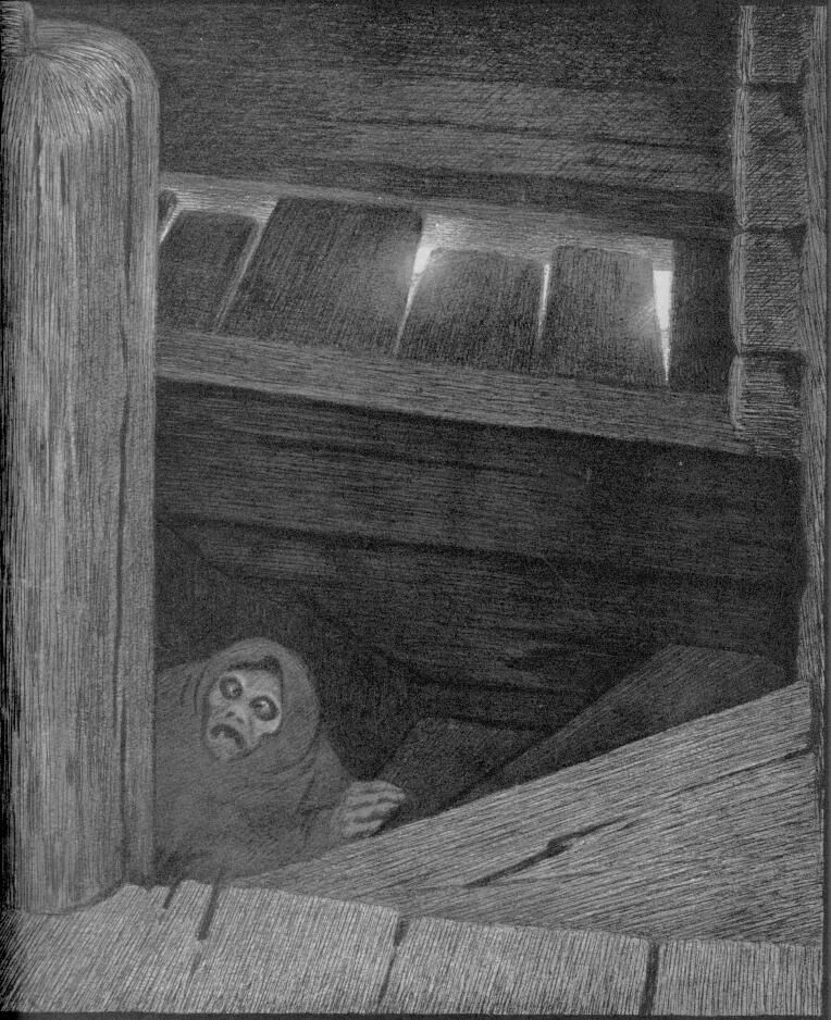 Theodor Kittelsens tegning av Svartedauden på vei opp trappa