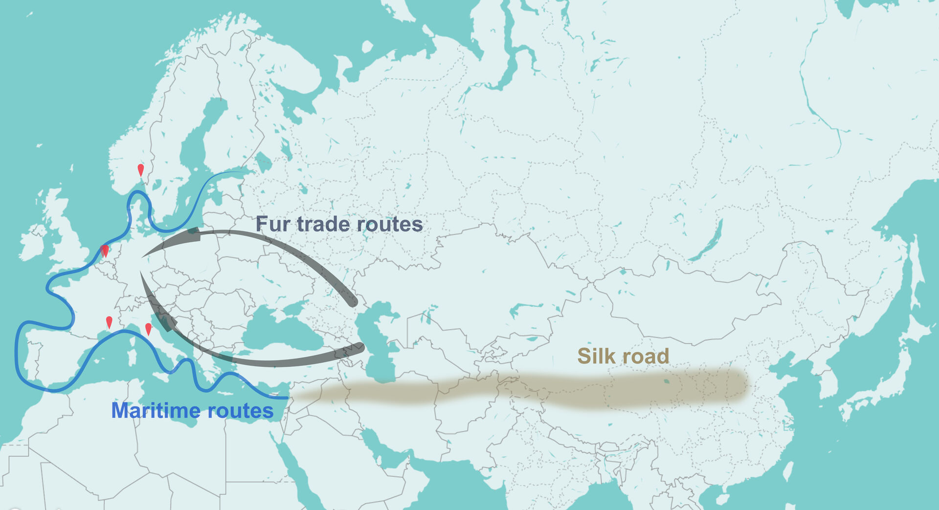 Handelen med pels gikk langs en nordlig og en sørlig rute mot Vest-Europa.