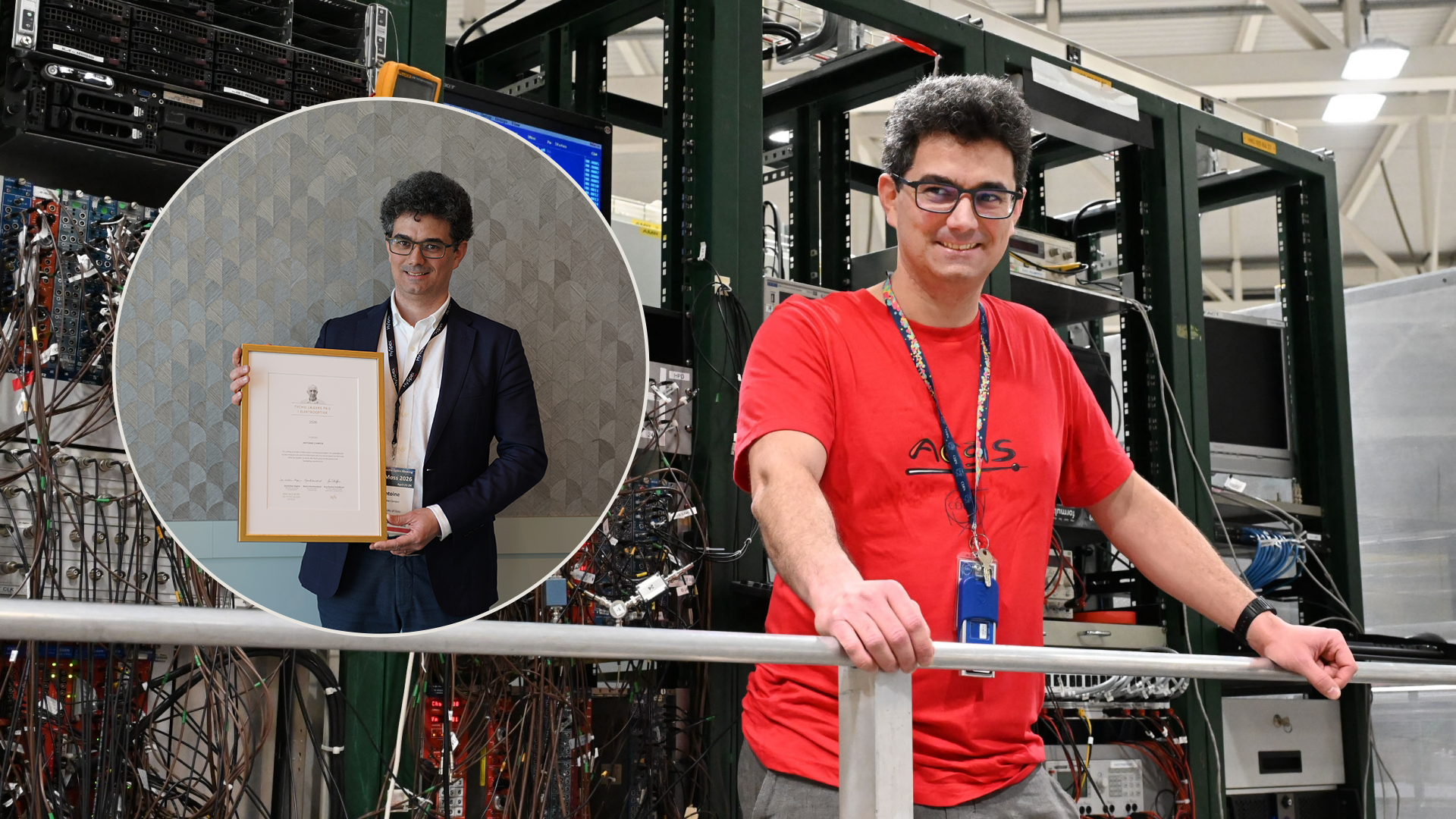 Camper på CERN med innfelt bilde av ham med diplom