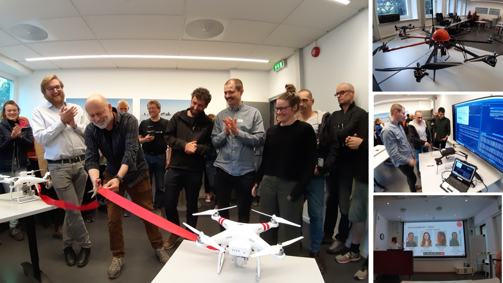 Den oppgraderte droneinfrastrukturen ved Institutt for geofag ble offisielt åpnet med klipping rød snor av instituttleder Bernd Etzelmuller etter et seminar/launch fredag 3. juni. Foto: Gunn Kristin Tjoflot, UiO