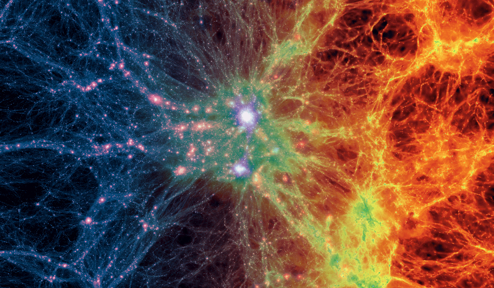 Dark matter density (left) transitioning to gas density 