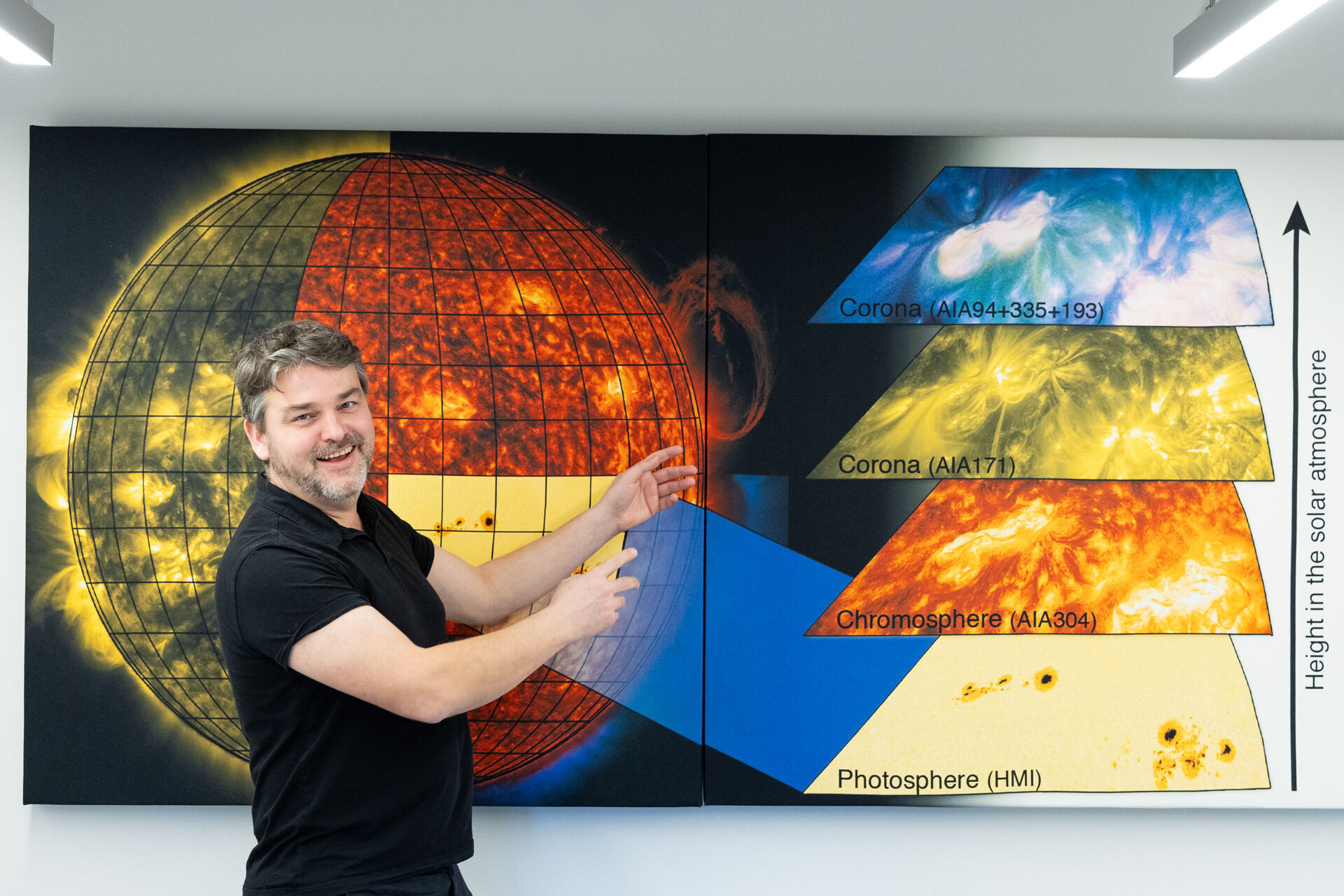 – Dette bildet av solen er sammensatt av en rekke bilder tatt med romteleskopet Solar Dynamic Observatory (SDO/NASA). Det observerer solen i mange ulike bølgelengder, mest i det ultrafiolette spekteret, men også i synlig lys, forteller Sven Wedemeyer. Med denne teknikken får forskerne et 3D-bilde av solens atmosfære. Foto: Yngve Vogt